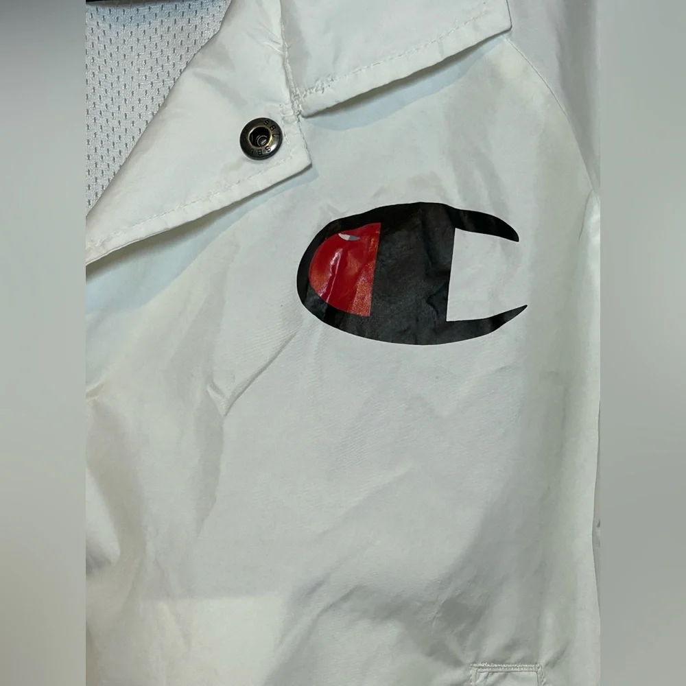 Champion White Windbreaker Jacket Small Womenโs Logo Tape Cropped - Picture 3 of 13